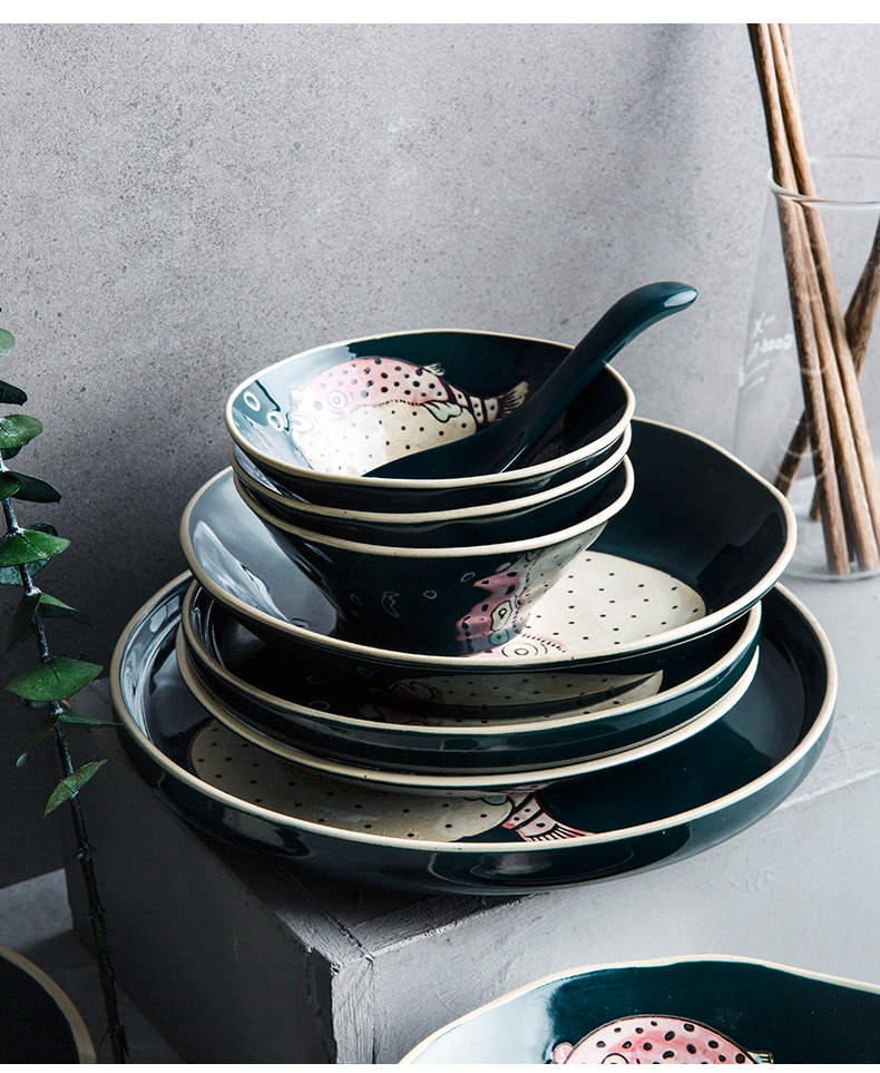 Nordic ceramic tableware, animated cartoon children tableware household FanPan drop soup plate salad bowls of rice bowls