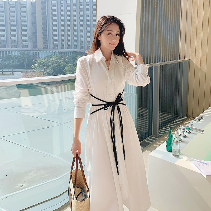 White skirt 2021 new spring women's waist slim Hepburn style retro French temperament shirt dress