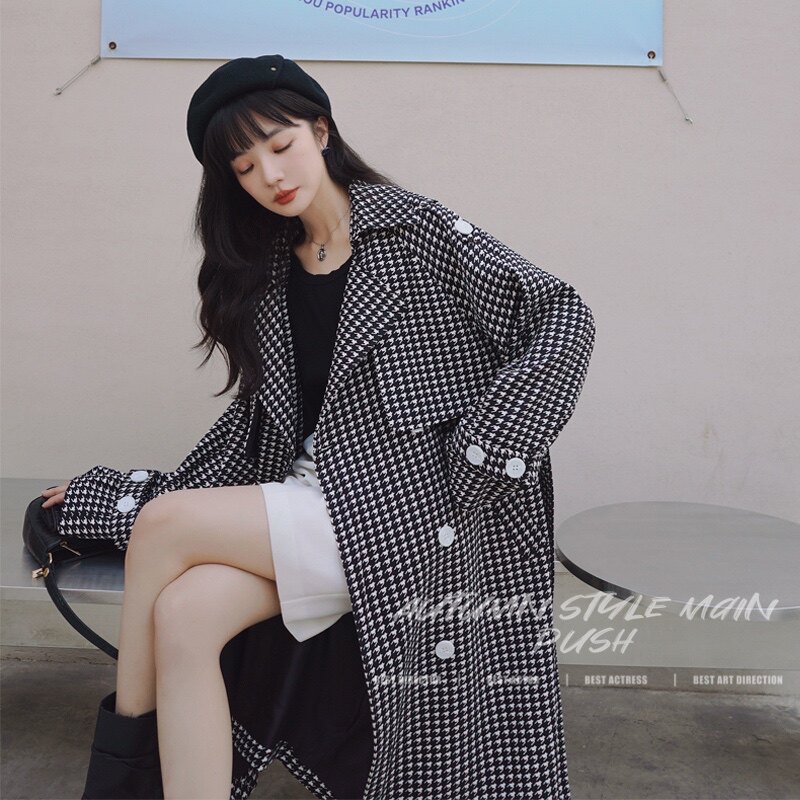 Houndstooth long windbreaker coat women's autumn 2021 new women's retro fashion double-breasted Joker coat