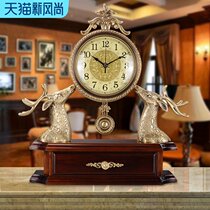 European living room table clock Creative pure copper clock ornaments Vintage desktop pendulum clock desktop luxury Fu Lu home clock