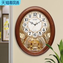 Music whole point clock wall clock Living room household European-style solid wood hanging watch Retro large quartz clock Wall clock