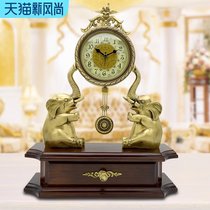 European pure copper solid wood elephant desk clock Living room retro personality large ornaments Li Sheng mute antique clock table clock