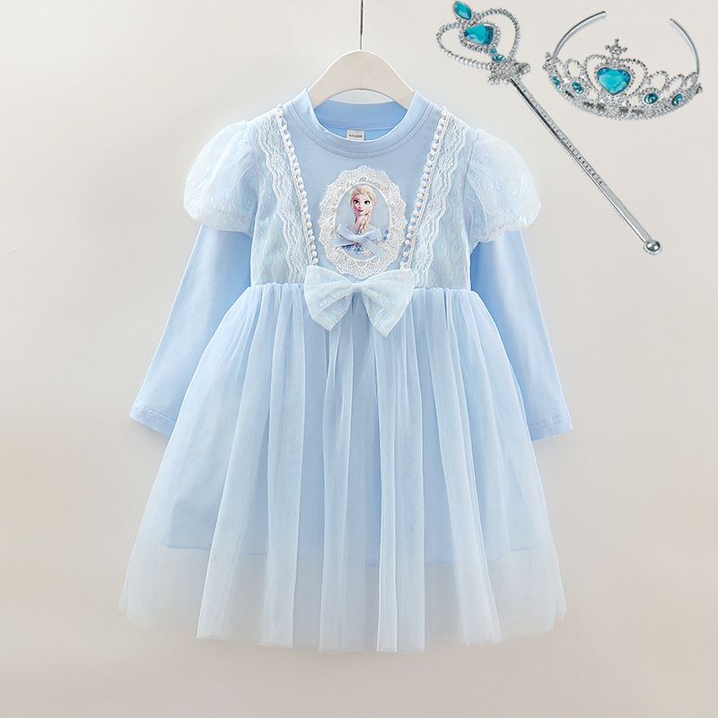 Girls' Elsa Dress, Spring and Autumn Baby Fashionable Dress, Girl's Long-Sleeved Kidsren's Velvet Elsa Princess Dress, Gauze Dress