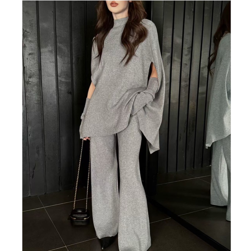 Fingerless Batwing Sleeve Half-Turtleneck Sweater Two-Piece Set Women's Cape Outfit Knitted Top Paired with Wide-Leg Pants
