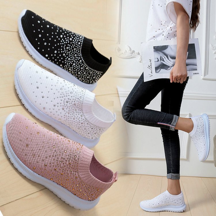 Foreign Trade Large Size Women's Shoes, Summer Fly-Knit Slip-On Walking Shoes, Mother's Rhinestone Mesh Comfortable Breathable Mesh Casual Shoes