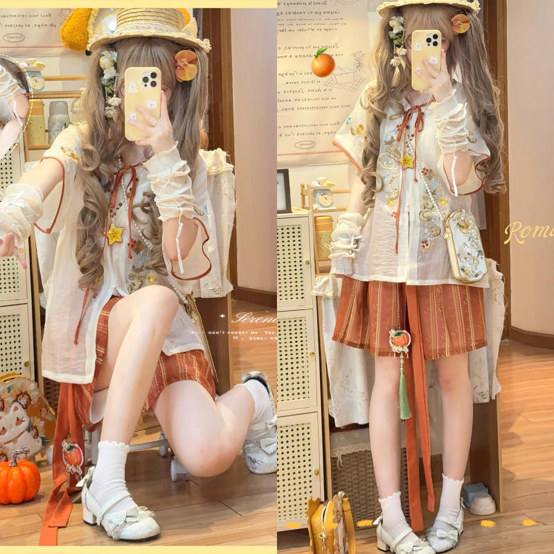 Rumenggu Original Hanfu Women's Han Element [Cookie] Round Neck Shirt Cute and Stylish Thin Outerwear for Daily Wear in Summer