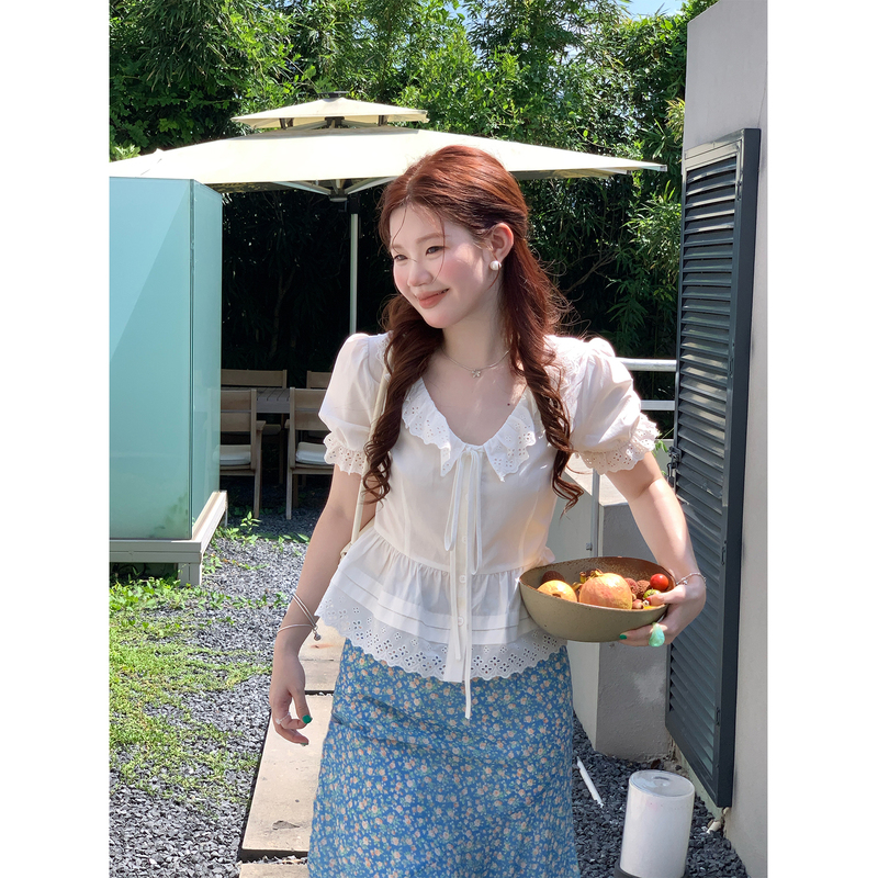 Fire Fire Fire【Coconut Milk Lace】Tencel Cotton Korean Style V-Neck Short Sleeve Shirt Women's Puff Sleeve Short French Top Fire Fire Fire【Coconut Milk Lace】Tencel Cotton Korean Style V-Neck Short Sleeve Shirt Women's Puff Sleeve Short French Top