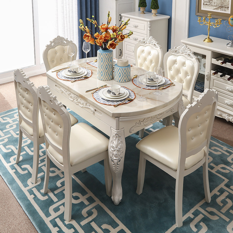 European-style dining table and chair combination multi-functional retractable marble dining table folding household solid wood small apartment round table furniture