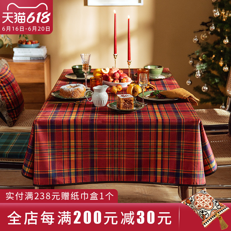 American retro red British checked tablecloth Christmas and New Year festival plush light luxury table cloth tea table cover