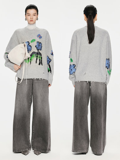 Jiangnan Buyi Spring and Autumn Knitted Sweater Crochet Flower Sweater Loose Pullover 5O9315400