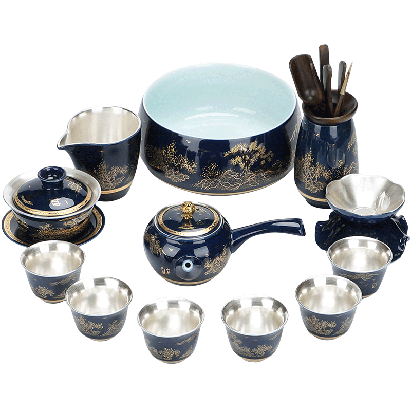 Jingdezhen ceramic 999 coppering. As silver kung fu tea set household silver side put as the office gift box of a complete set of suits for