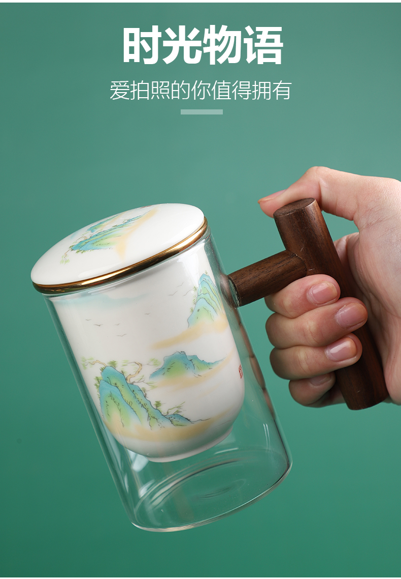 Creative glass heat - resistant glass keller enamel - lined filter office cup cup wood handle tea cup