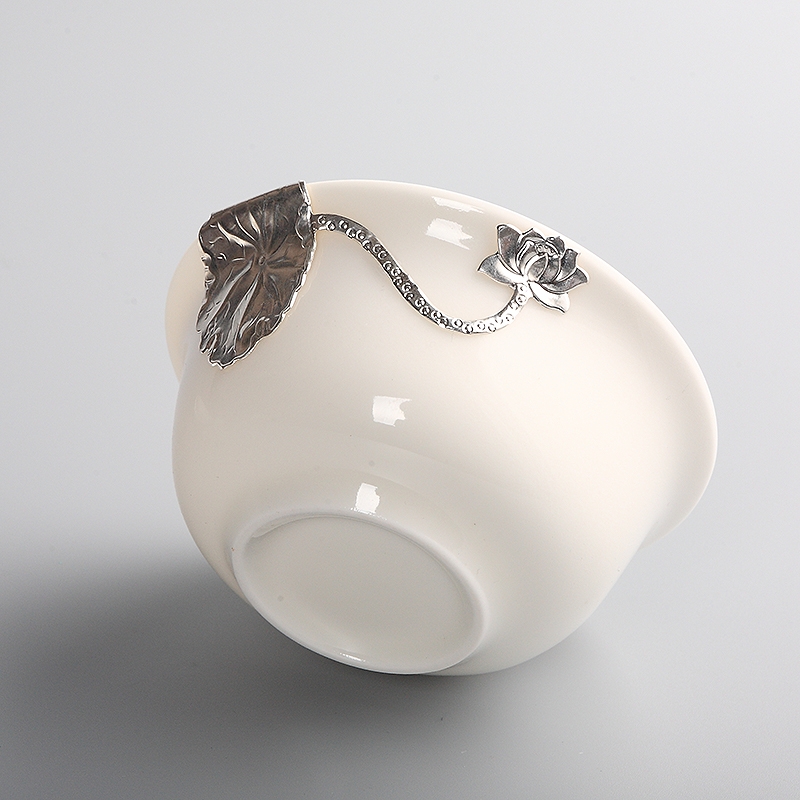 Jade craft checking silver inlaid kung fu tea set three to make tea tureen exchanger with the ceramics parts white porcelain tea large bowl