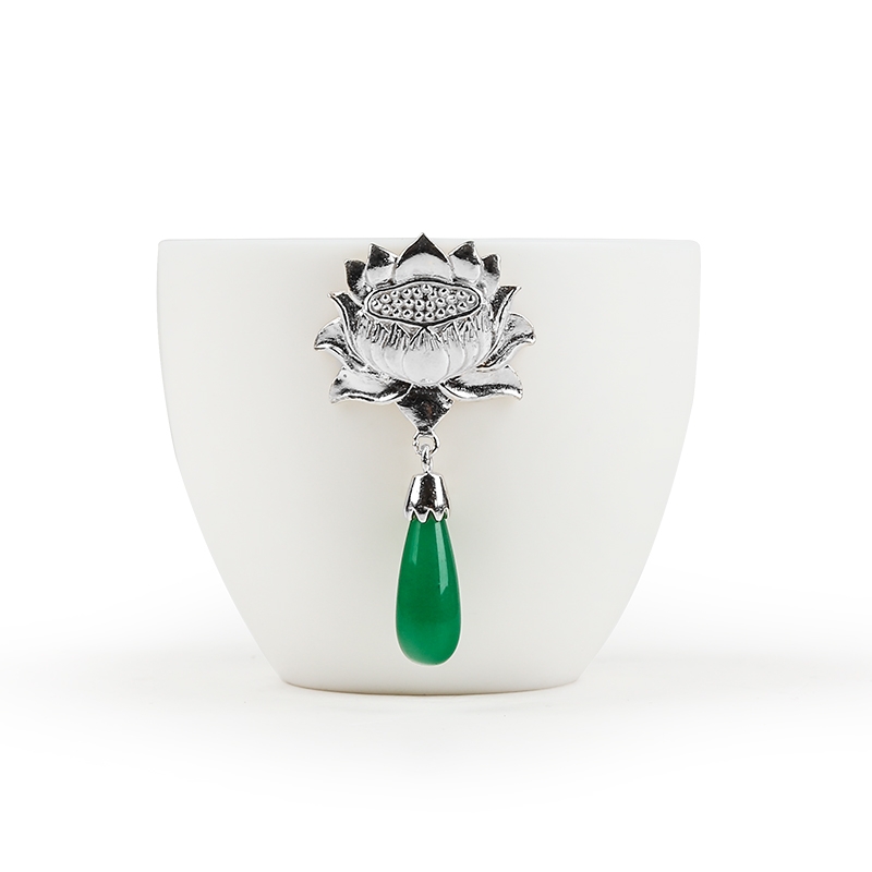 Dehua white porcelain with sterling silver cup suet jade up hang jade whitebait cup sample tea cup kung fu tea set single master CPU