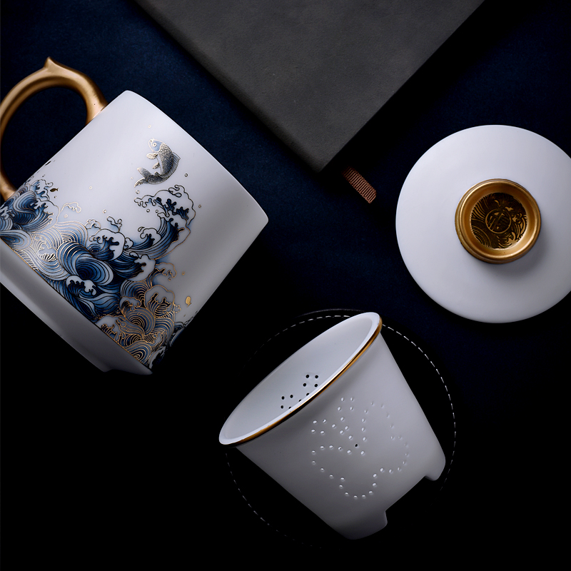 Dehua suet jade white porcelain cup tea cup with cover filter ceramic cup office high - grade masters cup