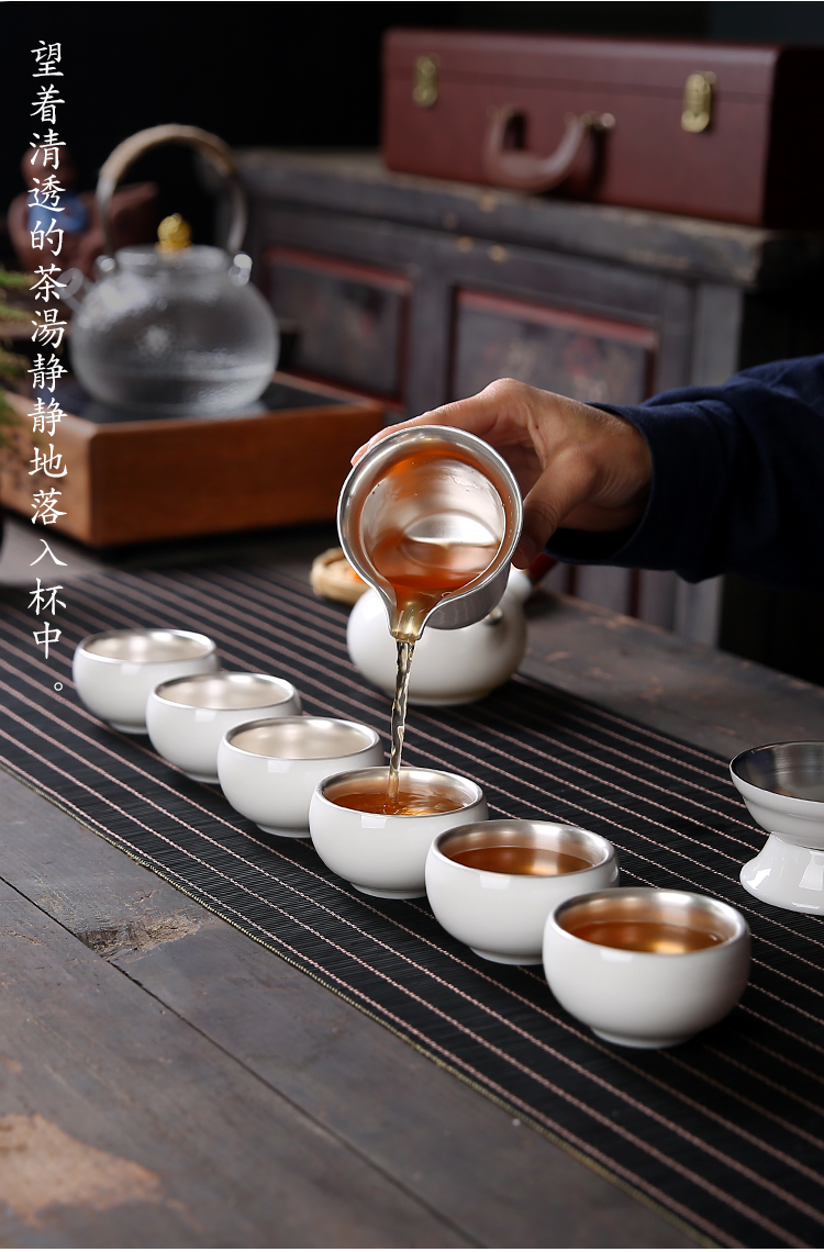 Dehua white porcelain tasted silver tea set household whole silver gilding kung fu tea cups suet jade teapot fair keller