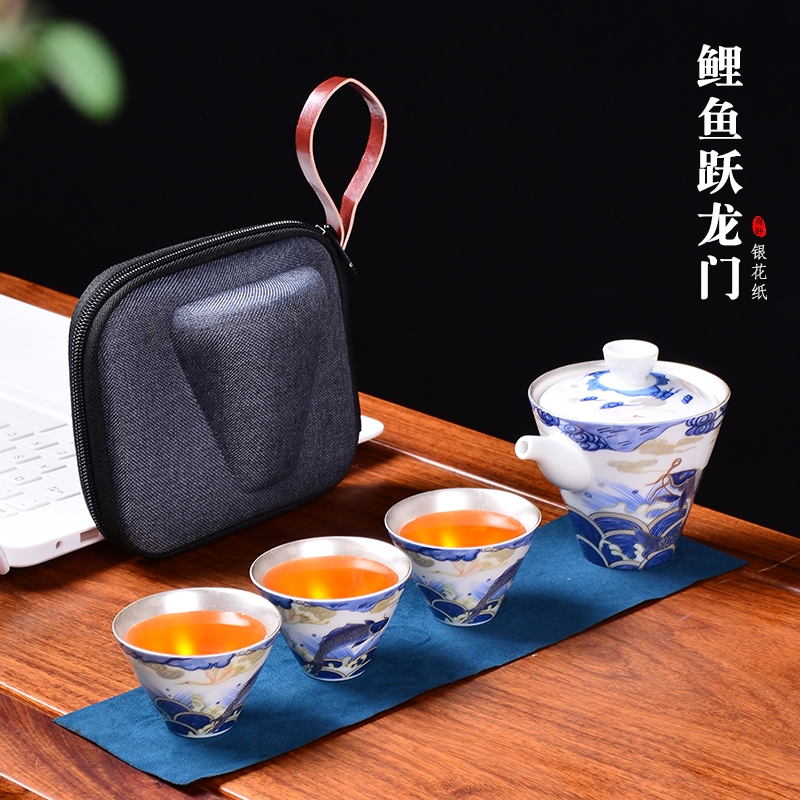 Ceramic tasted silver gilding crack silver, a pot of three silver kung fu tea set travel office home portable tea
