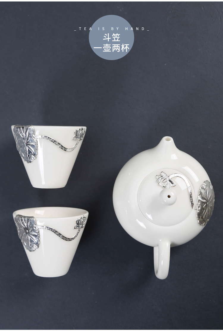 Dehua white porcelain with silver, a pot of two portable is suing jade porcelain ceramic crack cup travel tea set kung fu tea set