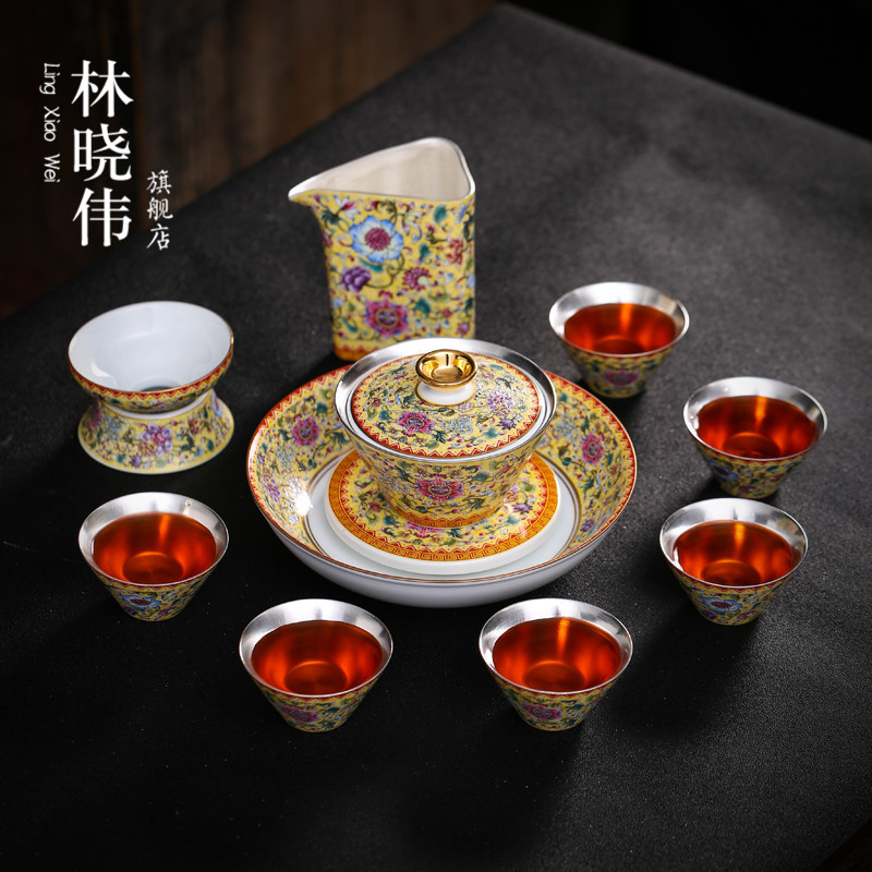 Tasted silver gilding travel ceramic tea set colored enamel household kung fu teapot teacup portable car charter