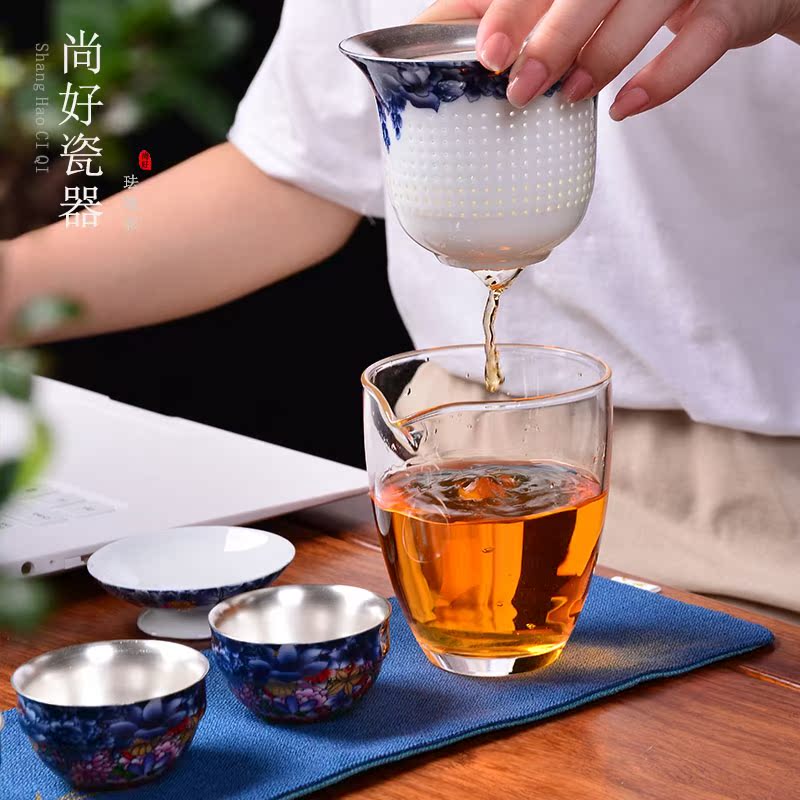 Sterling silver ceramic fair one three cups of glass cup tasted silver gilding portable travel tea set with silver crack cup of office home