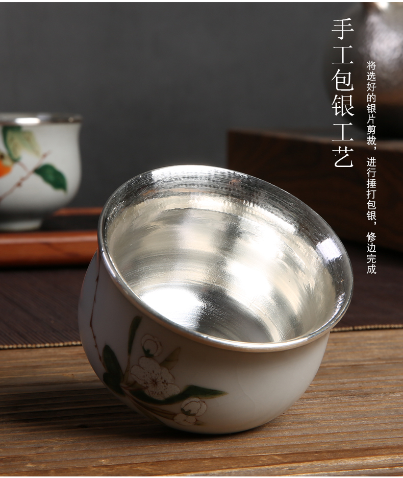 Hand made silver cup pure manual silvering master 999 sterling silver cup with silver sample tea cup jingdezhen ceramic cup