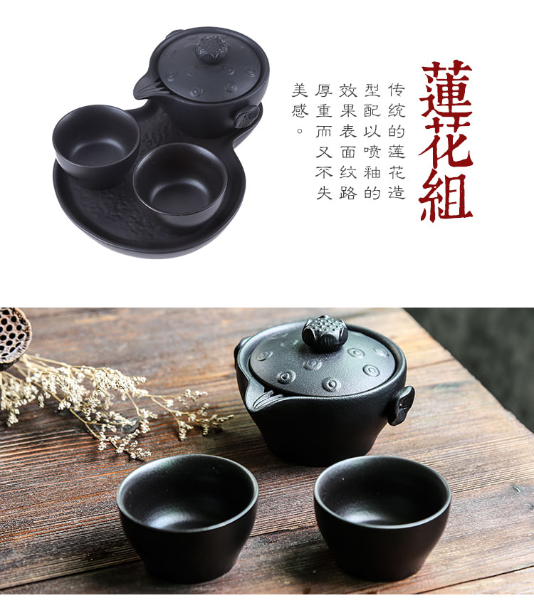 A pot of two cups of black zen portable travel kung fu tea set crack cup with ceramic creative office tea tea tray