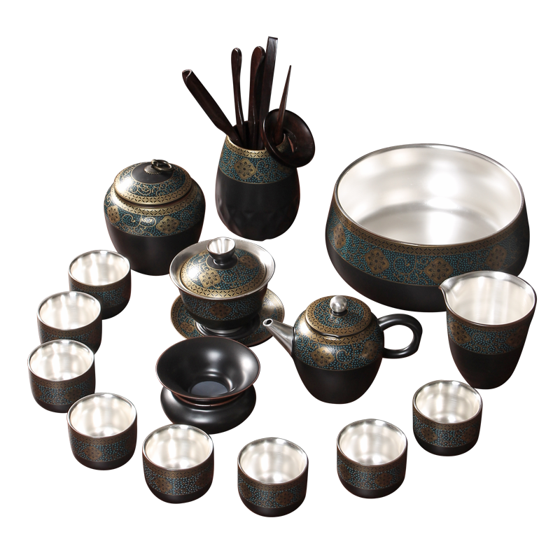 Tasted silver gilding ceramic kung fu tea set home office bladder silver cup lid bowl built lamp that make tea in the living room