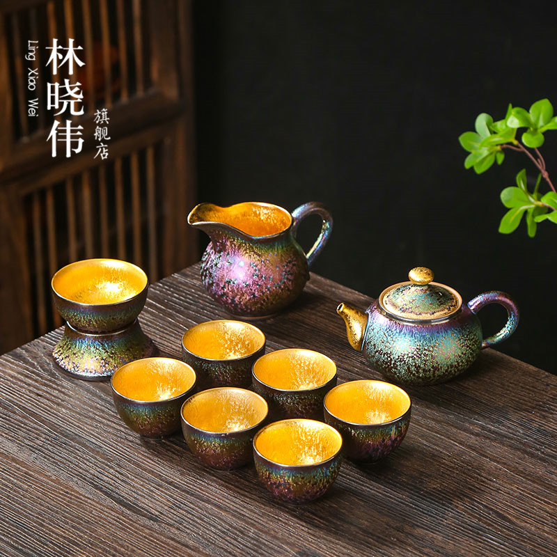 High-end Gongfu tea suit Seven colorful Jianyu gold light lavish teapot tea cup full set of Golden Ceramic Creative Gifts-Taobao