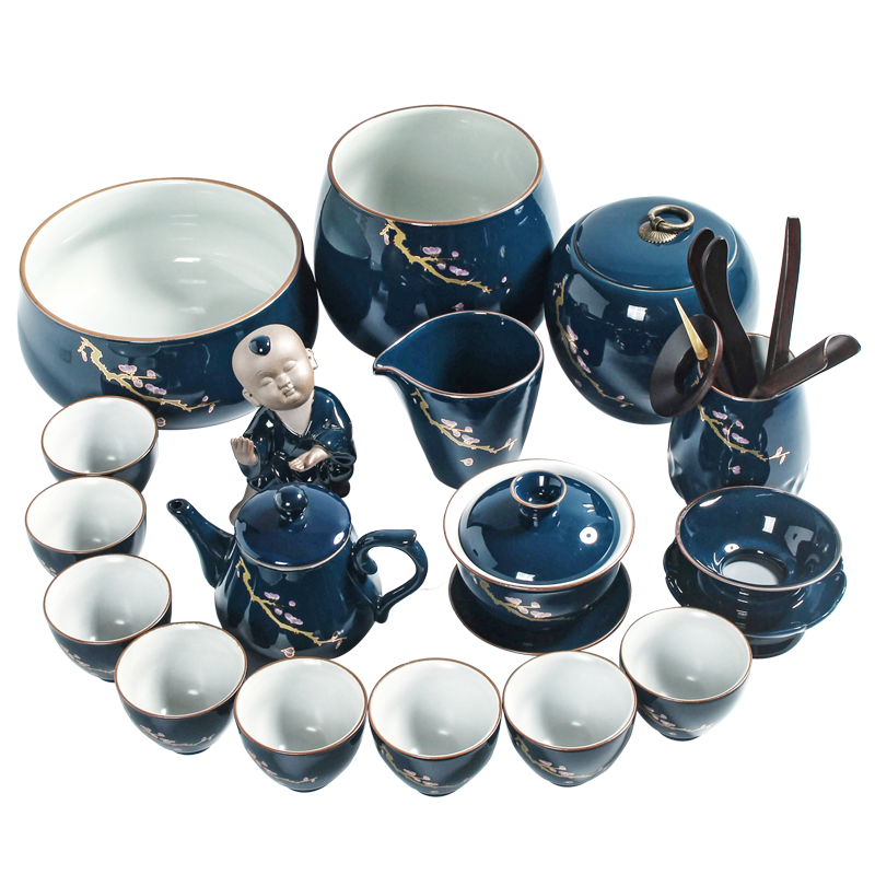 Kung fu tea set ji blue glaze ceramic household teapot tea tureen tea cups porcelain sets of new Chinese style
