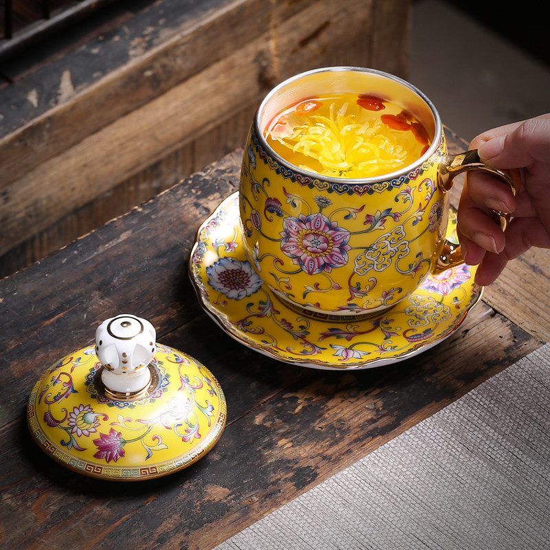 Silver colored enamel coppering. As large glass ceramics cup Silver cup of office 999 masters cup kung fu tea set