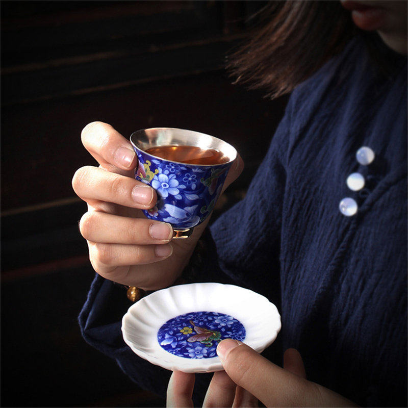 Coppering. As silver colored enamel sample tea cup master cup ceramic kung fu tea set single cup small jingdezhen blue and white porcelain tea cups lamp