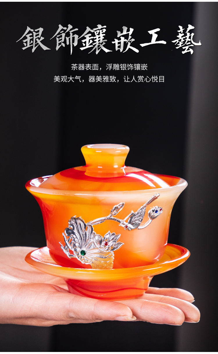 Silver coloured glaze jade porcelain tea tureen kung fu tea set office household agate jade cup gift box