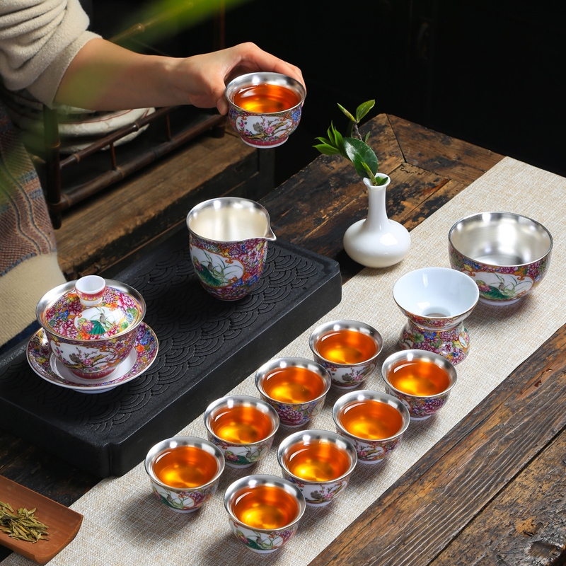 Jingdezhen silver colored enamel kung fu tea set suit mine loader built a complete set of ceramic tea tureen silver cup gift box