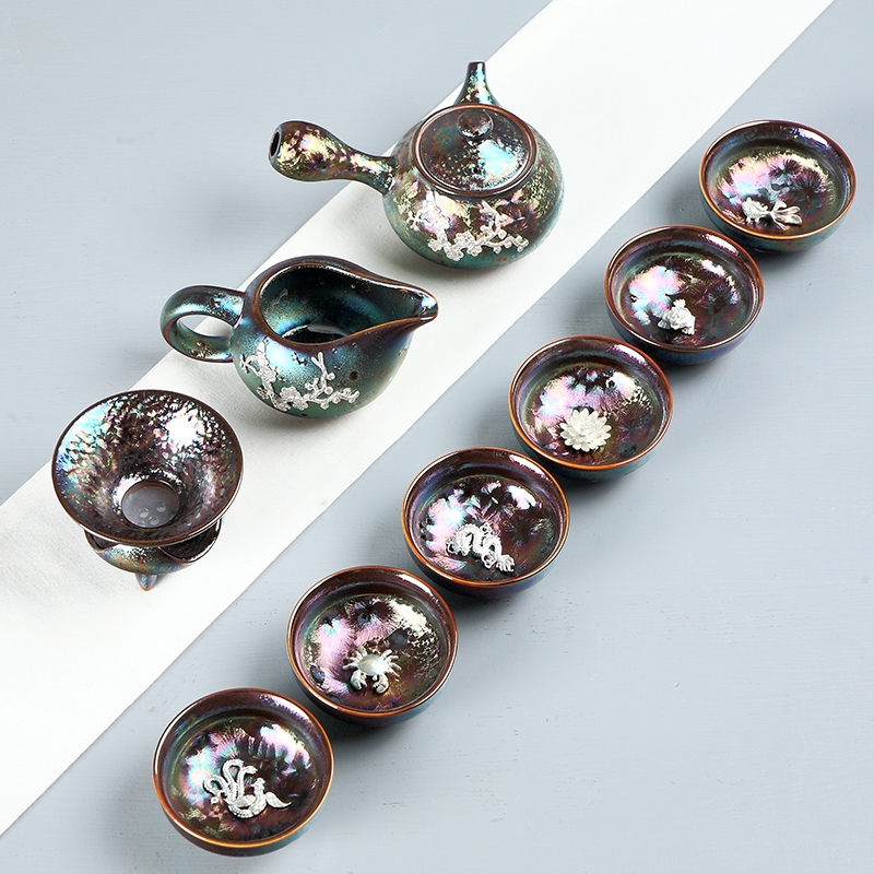 Taiwan up temmoku 7 see colour with silver ceramic fair keller and large tea points sea tea, kungfu tea accessories