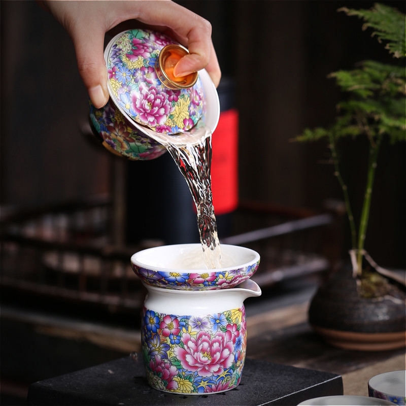 Household jingdezhen silver tea set colored enamel kung fu tea tasted silver gilding gift of a complete set of ceramic teapot teacup