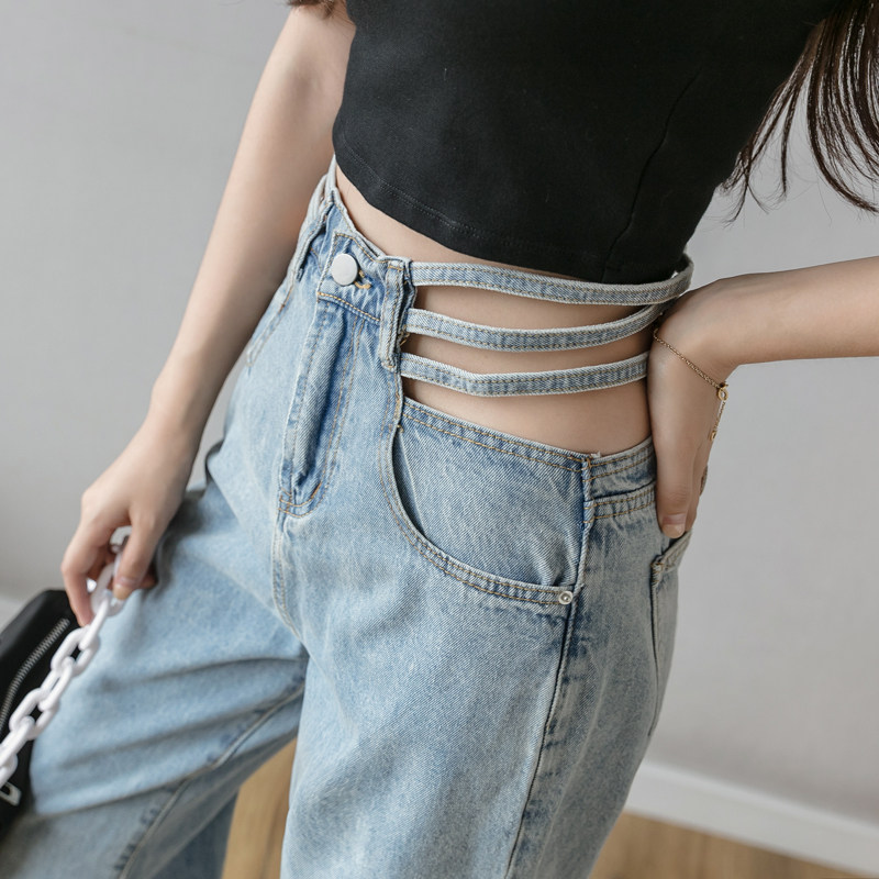 Broad - legged jeans woman 2022 summer new high - waist vertical straight pants hollowed loose drag tide in trousers