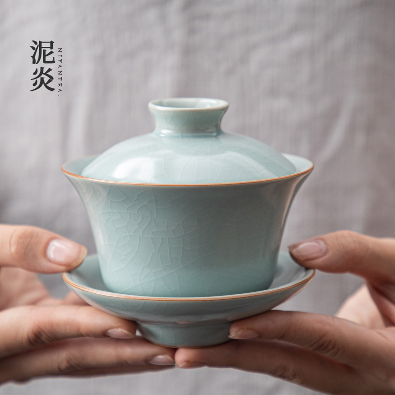 Ruyao large Gaiwan Three-piece bowl open piece Single household ceramic can raise tea bowl Jing Tea cup Kung Fu tea set