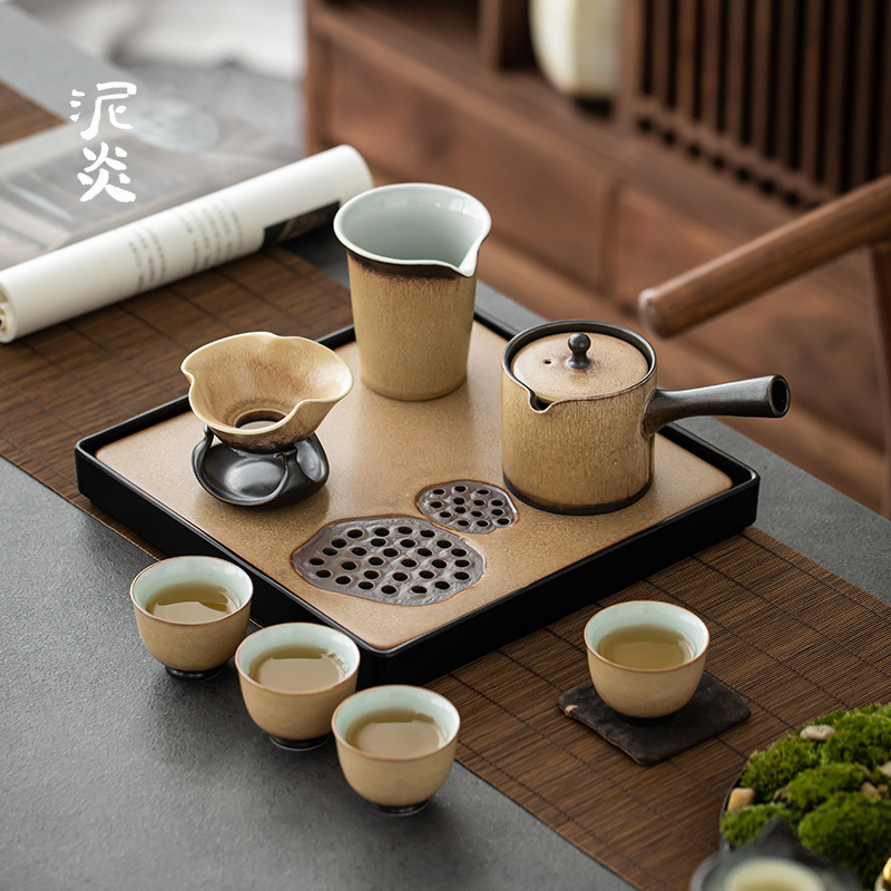 Kiln-Glazed Side-Handle Teapot, Kung Fu Tea Set, Small Ceramic Household Set, Simple Water-Storage Type Dry Brewing Tea Tray and Tea Cup Complete Set