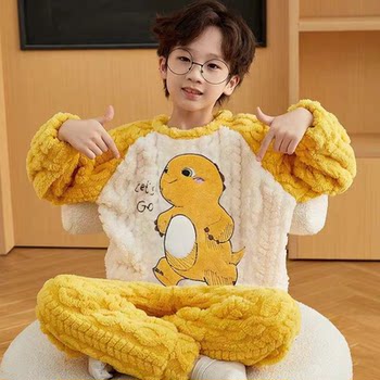 2026 New Boys' Pajamas for Autumn and Winter, Children's Coral Fleece Thickened Flannel Baby Milk Dragon Boys' Loungewear