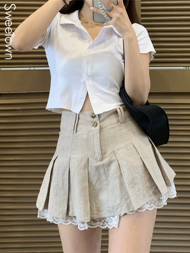 Sweetown Korean Fashion Khaki короткая юбка кружев