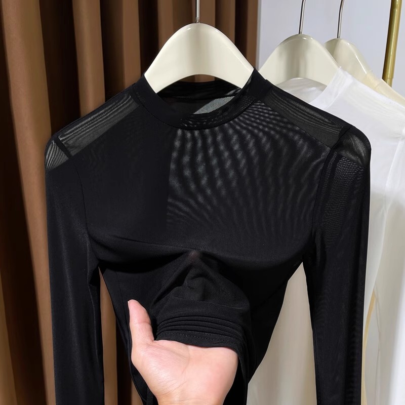 Small Round-Neck Mesh Base Shirt for Women, Long-Sleeved, 2025 New Style, Thin and Stylish Lace Top for Wearing under a Slip Dress Small Round-Neck Mesh Base Shirt for Women, Long-Sleeved, 2025 New Style, Thin and Stylish Lace Top for Wearing under a Slip Dress