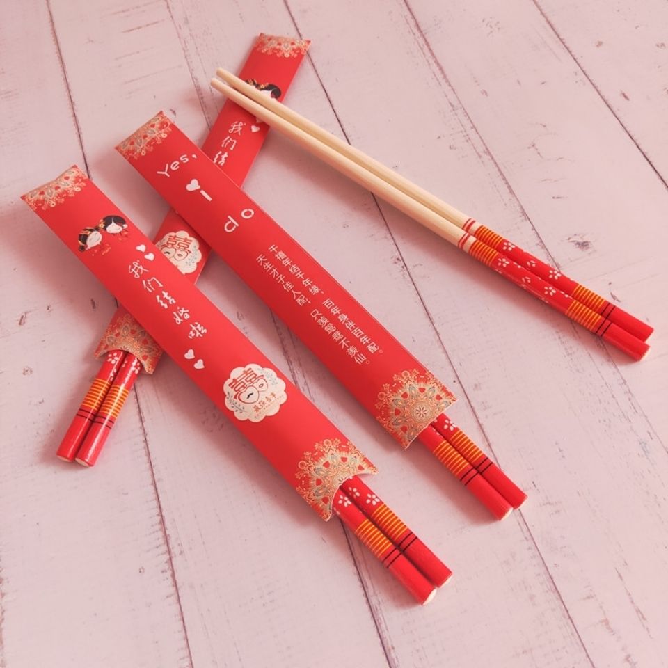 Wedding disposable chopsticks red festive 100 pairs of individually packaged round bamboo chopsticks household happy chopsticks high-end wedding
