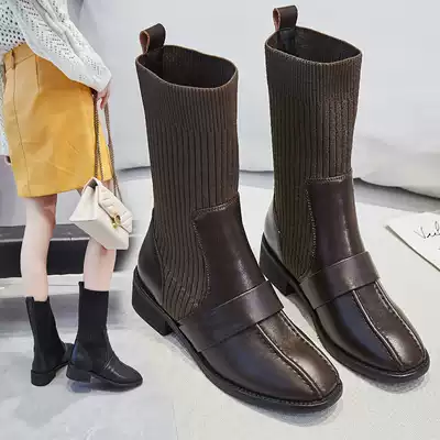 Martin boots female tide ins Net red wild new slim short boots 2021 autumn British wind thick heel elastic socks boots