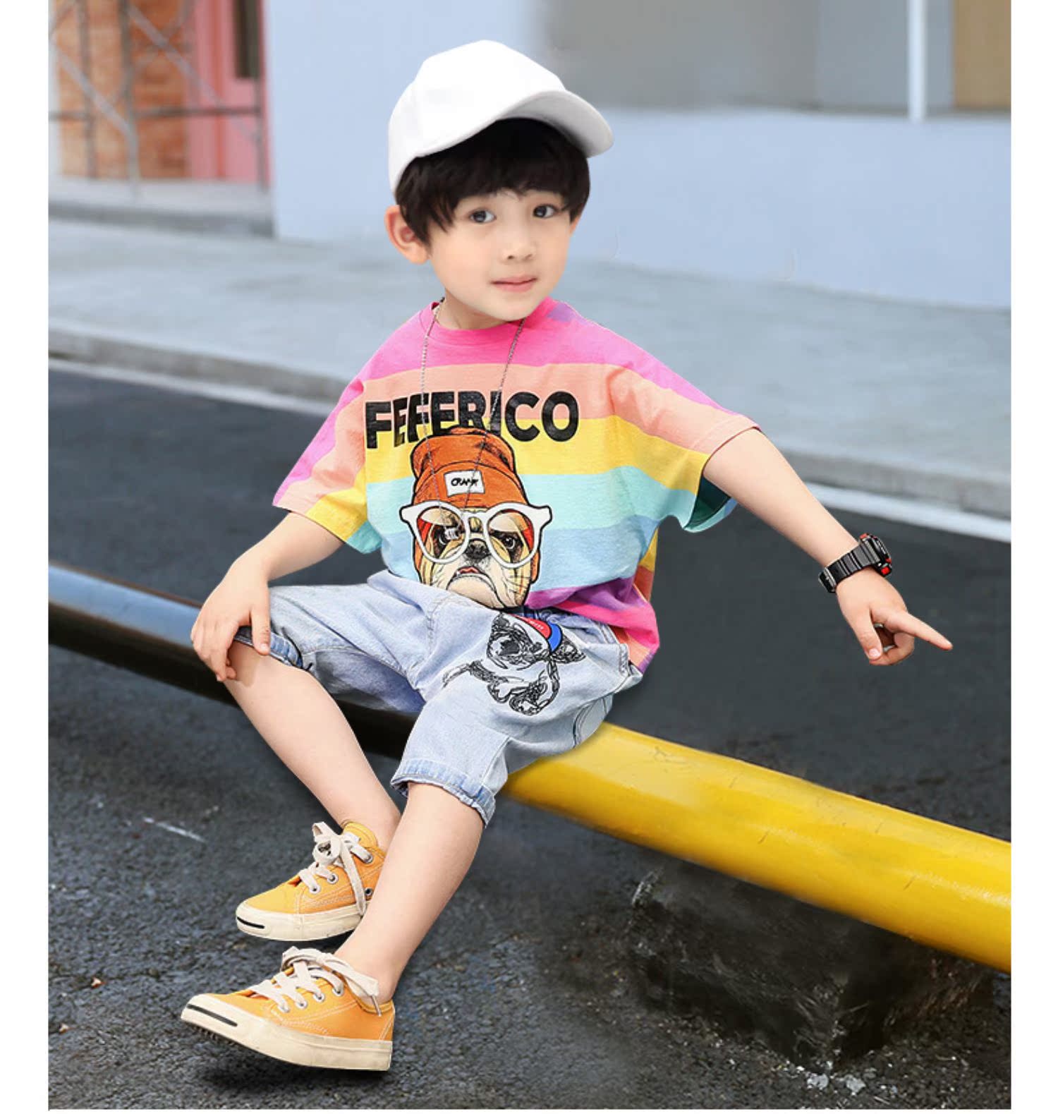 Quần áo bé trai mùa hè 2019 mới 3 trẻ lớn 4 trẻ 5 quần áo thủy triều 6 tay ngắn 7 hai bộ 8 tuổi - Phù hợp với trẻ em bộ nỉ bông cho bé