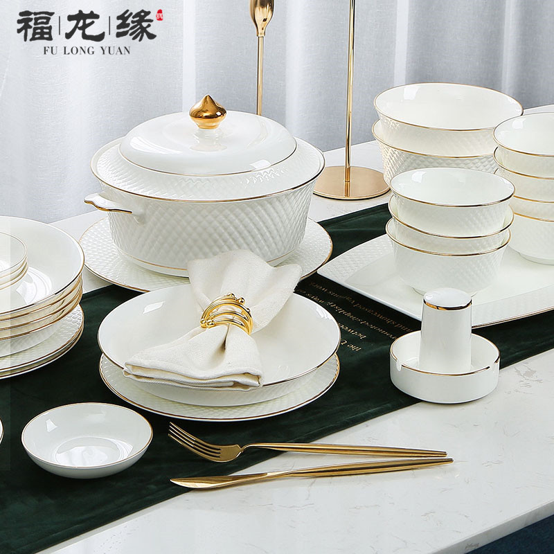Fulongyuan Bone China Tableware Set Bowls and Plates Household High-grade Light Luxury Tableware Bowls and Chopsticks Phnom Penh Inlaid Ceramic Set Gift Box