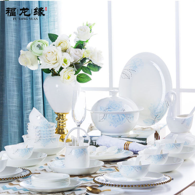 Fulongyuan bone china tableware dishes set home Jingdezhen ceramic small fresh simple dishes and chopsticks set set combination