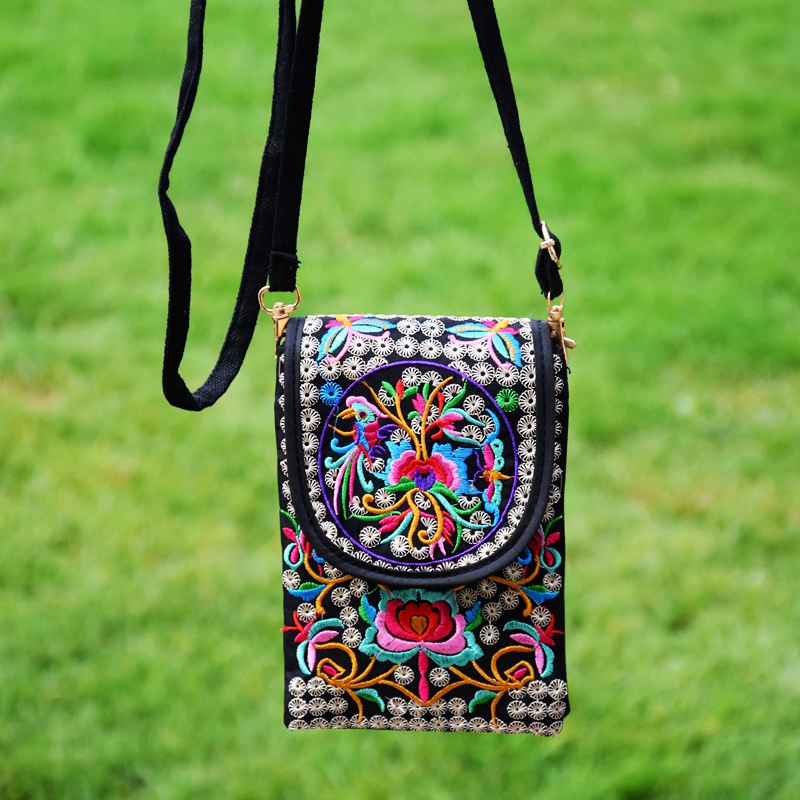 Ethnic Style Embroidered Mobile Phone Bag for Women, Cross-Body Mini Bag for Mobile Phone, Hanging Neck Portable Summer Coin Purse