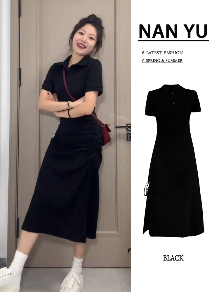 ヘップバーン風の黒のポロドレス婦人服夏2025新型ハイエンド気質ウエスト半袖ロングスカート