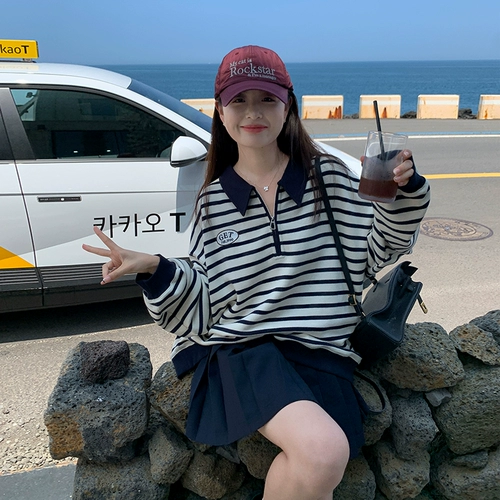 Ретро осенний свитшот для отдыха, в американском стиле, воротник поло, большой размер