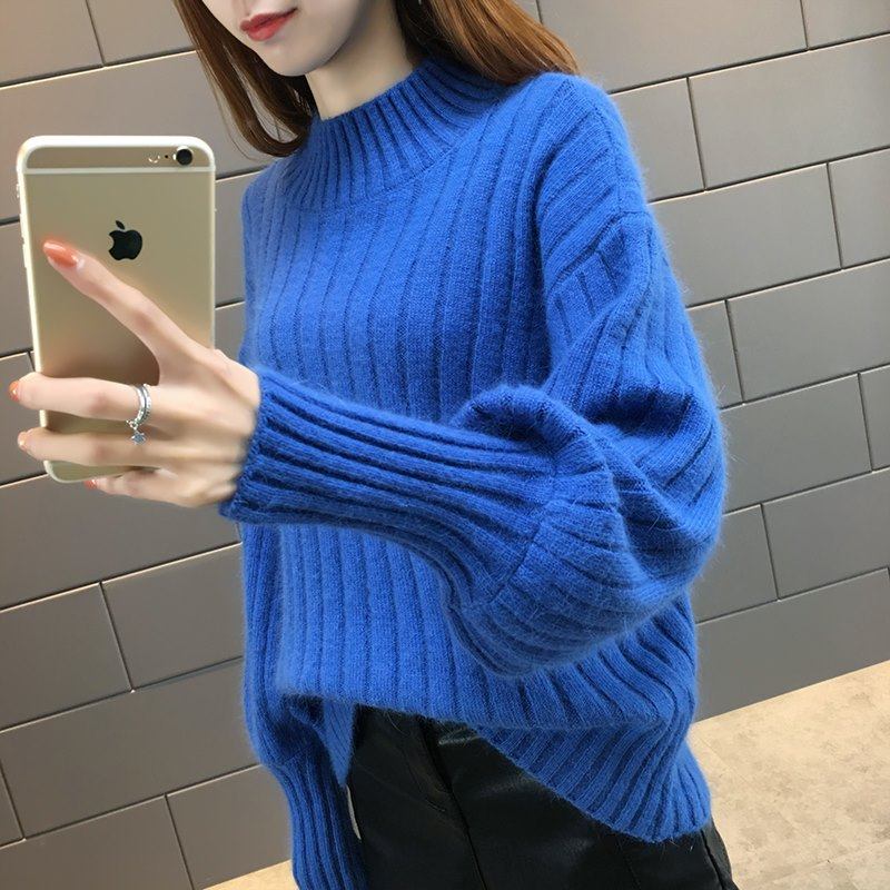 Half turtleneck pullover sweater 2018 spring, autumn and winter new women's Korean version loose all-match long-sleeved short knitted bottoming shirt